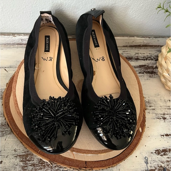 Alex Marie Shoes - ✨SOLD✨ Alex Marie Shoes Black Leather Ballet Flats Size 8 Beaded Pom Pom